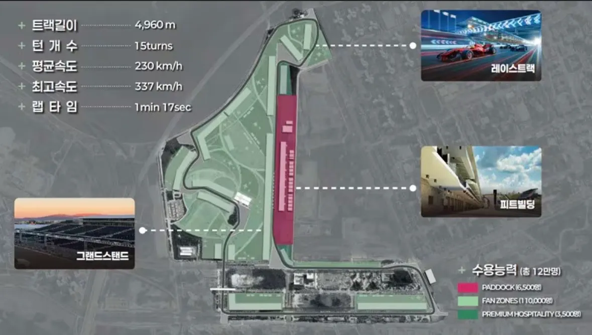 The Blueprint for 2028: Official technical layout of the 4.96km Incheon Street Circuit, designed by Tilke to meet FIA Grade 1 standards with a 337 km/h top speed.